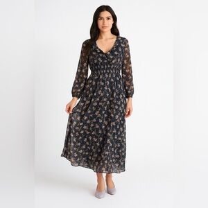 Dex NWT Floral Cherry Blossom Navy Blue Long Sleeve Maxi Dress- Size Small